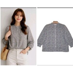 LOFT Women's Top Large Ditsy Floral Cotton Long Sleeves Button Up Shirt SP22